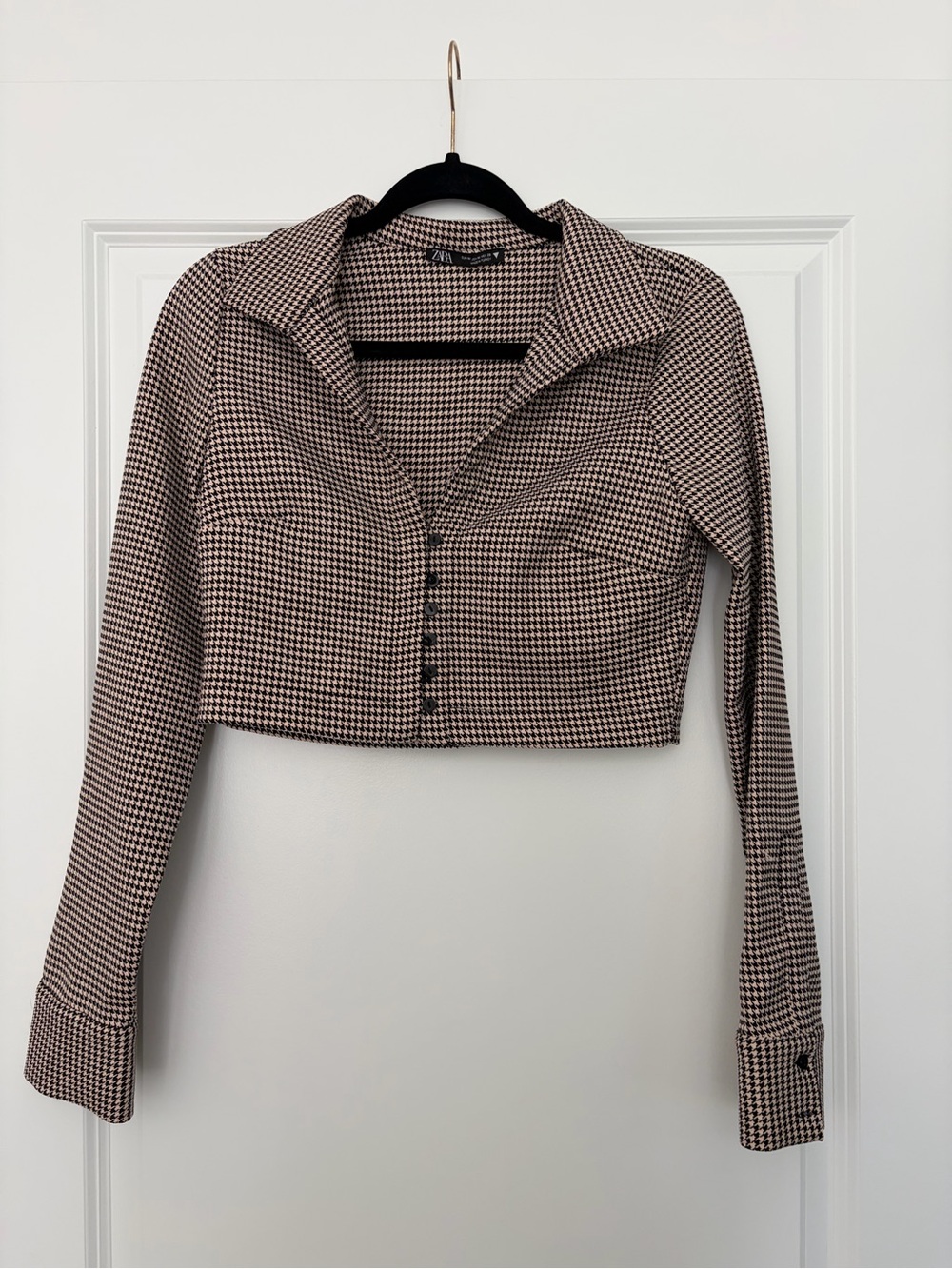 Zara Cropped Houndstooth Button-Front Top - Black & White